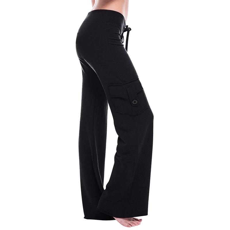 Womens Cargo Pants High Waist Wide Leg Pants with Pockets Casual Button Stretch Yoga Workout Leggings Gym Sweatpants Womenswear Bottom Trouser
