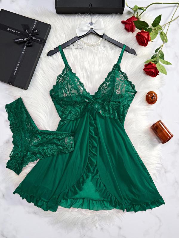 Women's Contrast Lace Bow Decor Sexy Lingerie Set, Romantic Ruffle Trim Split Cami Nightdress & Panty Set, Lingerie for Women, Ladies Nightwear & Sleepwear for All Seasons, Loungewear, Womenswear Homewear