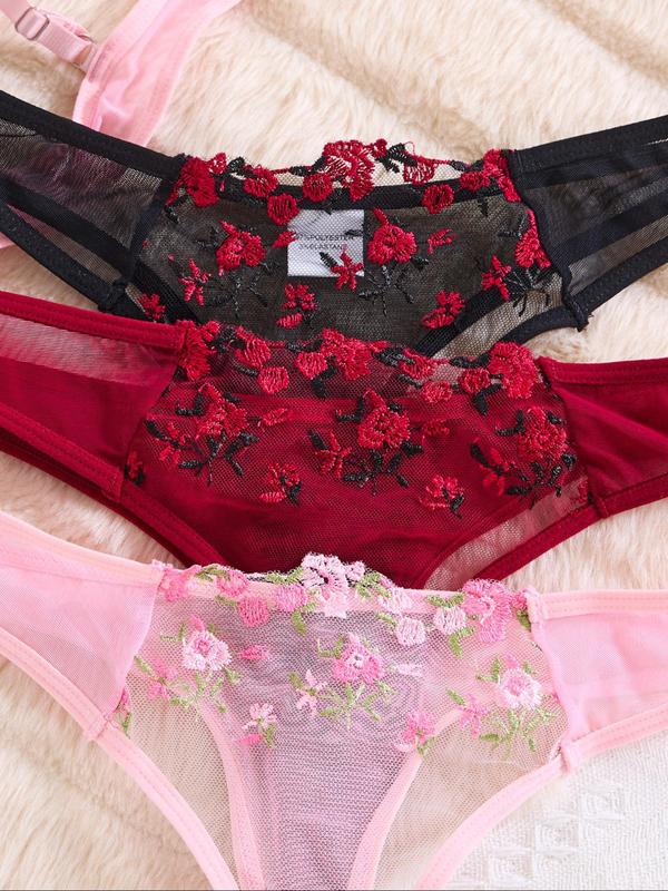 Women's Floral Embroidery Sheer Mesh Underwear Set, Sexy Adjustable Strap Push Up Bra & Thong Set, Breathable Lingerie Set for Women