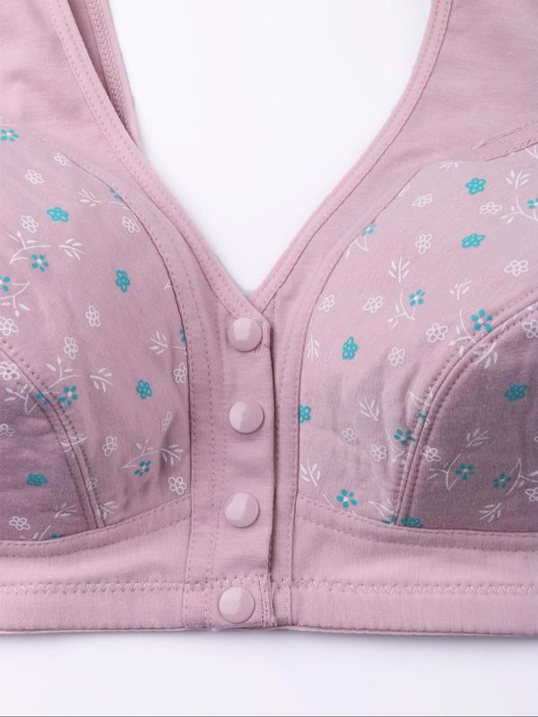 Plus Size 6pcs Floral Print Button Front Bra, Casual Soft Comfortable Breathable V Neck Bralette, Women's Underwear for All Seasons