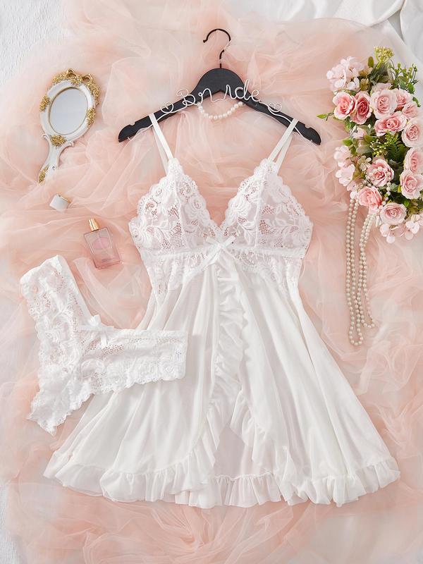 Women's Contrast Lace Bow Decor Sexy Lingerie Set, Romantic Ruffle Trim Split Cami Nightdress & Panty Set, Lingerie for Women, Ladies Nightwear & Sleepwear for All Seasons, Loungewear, Womenswear Homewear