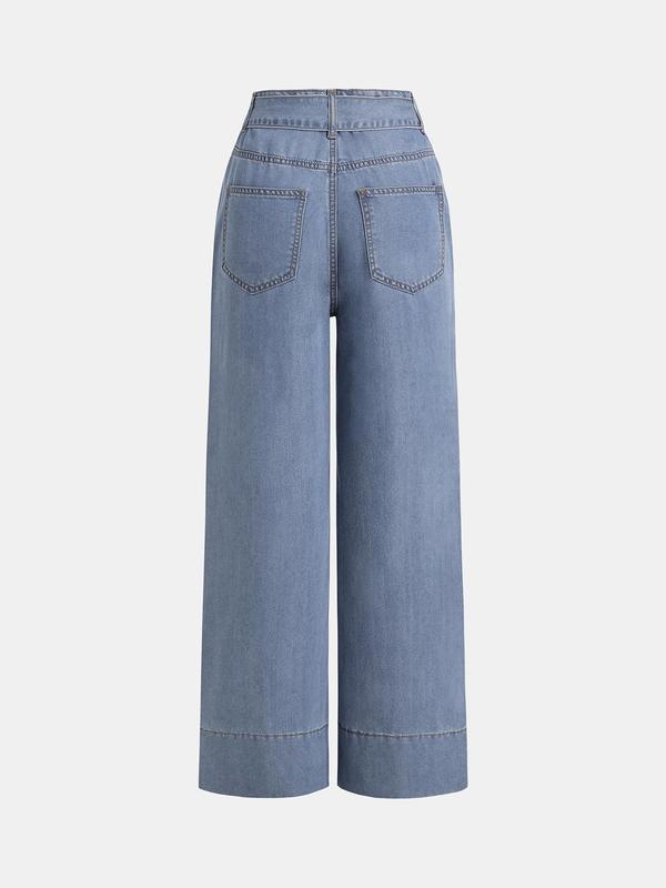 YOZY Women's Plain Belted Zipper Fly Denim Jeans, Casual Pocket Straight Leg Jeans for Daily Wear, Ladies Bottoms for All Seasons