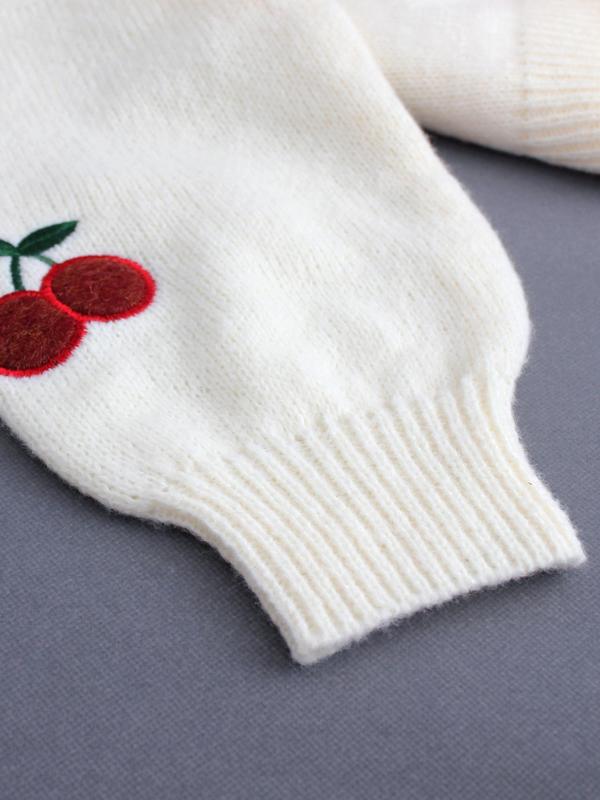 Women's Cherry Embroidery Cable Knit Crop Cardigan, Cute Long Sleeve Open Front Knitwear for Fall & Winter, Fashion Women's Knit Clothing for Daily Wear