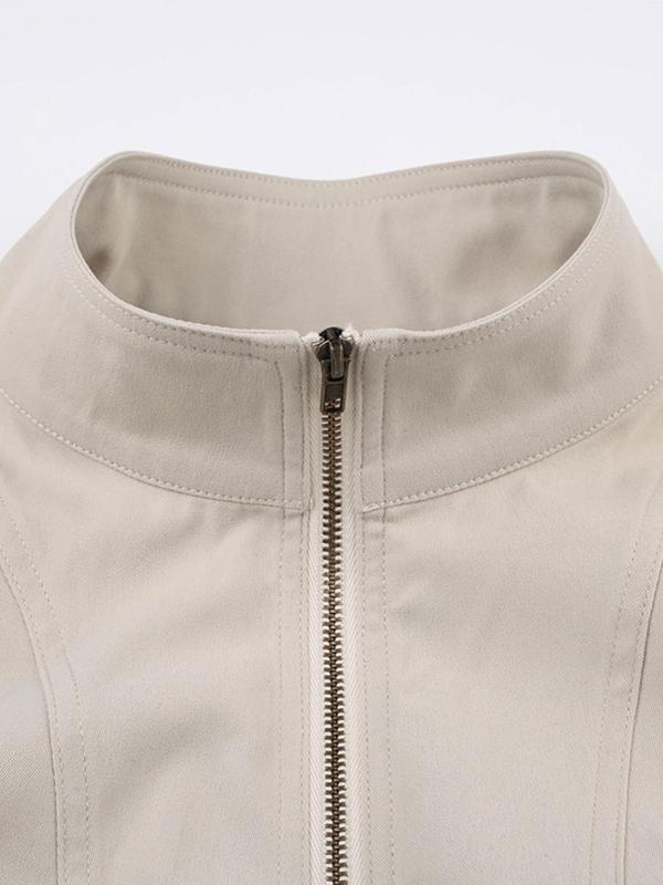 Women's Solid Button Zip Up Jacket, Casual Tops, Long Sleeve Stand Collar Outerwear for Daily Wear, Ladies Clothes for All Seasons