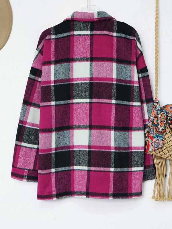 Women's Plaid Print Button Front Drop Shoulder Coat, Casual Long Sleeve Collared Outerwear for Fall & Winter, Ladies Clothes for Daily Wear