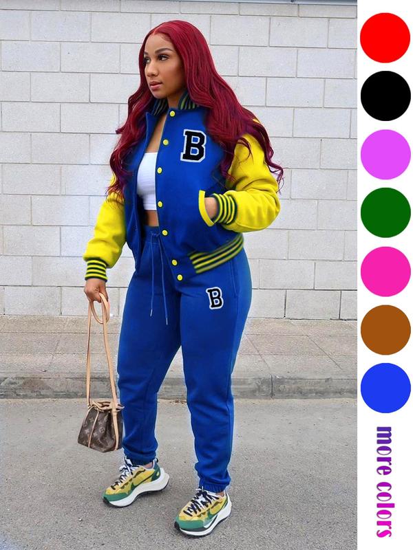 Women's Colorblock Letter Patched Pocket Co-ord Two-piece Set, Back To School Outfits, Casual Button Front Bomber Jacket & Drawstring Waist Jogger Pants Set, Fall Clothes, Ladies Fall & Winter Clothes, Birthday Gifts