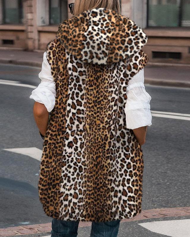 ChicMe Women's Reversible Leopard Pattern Vests Sleeveless Fleece Lined Jacket Zip Up Hoodie Pockets Long Warm Winter Coat Casual Womenswear