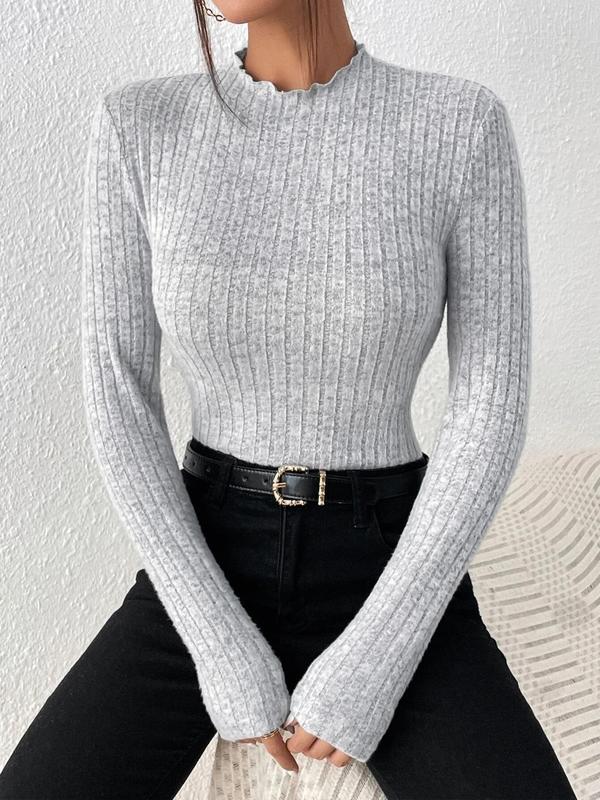 Women's Solid Lettuce Trim Mock Neck Ribbed Skinny Tee, Casual Long Sleeve T-shirt for Spring & Fall, Fashion Women's Knitwear for Daily Wear