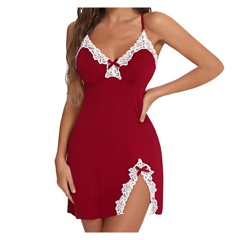 Plus Size Sexy Lingerie Push up Sexy Deep V Bow Side Stit Slim Fit Slip Nightdress Suit Fabric Women