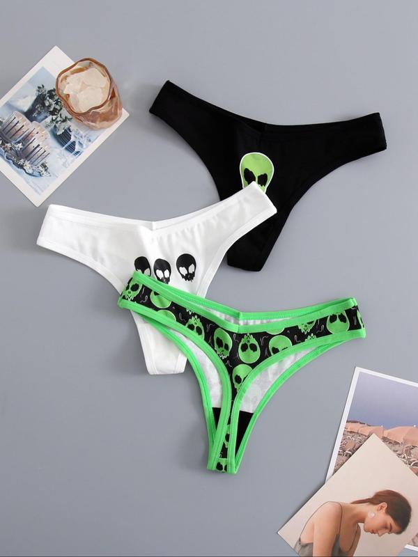 Women's 3pcs Cartoon Alien Print Thongs, Casual Comfy Breathable Panty for Daily Wear, Ladies Knicker for All Seasons, Fall Wear, Fallfreshness