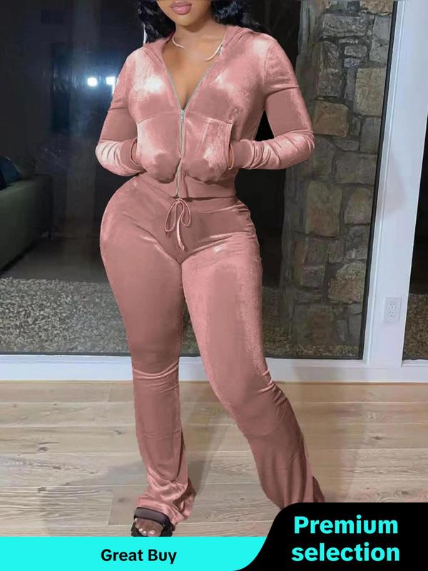  Two-piece Set Solid Zip Up Crop Hooded Jacket & Elastic Waist Pants Velvet Set, Casual Long Sleeve Pocket Outerwear & Drawstring Trousers for Daily Wear, Women's Two-piece Outfits for Fall & Winter