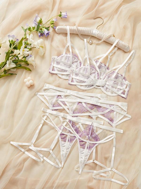 Women's Contrast Floral Lace Sheer Lingerie Set, Sexy Scallop Trim Bra & Thong & Garter Belt Set, Lingerie Set for Women