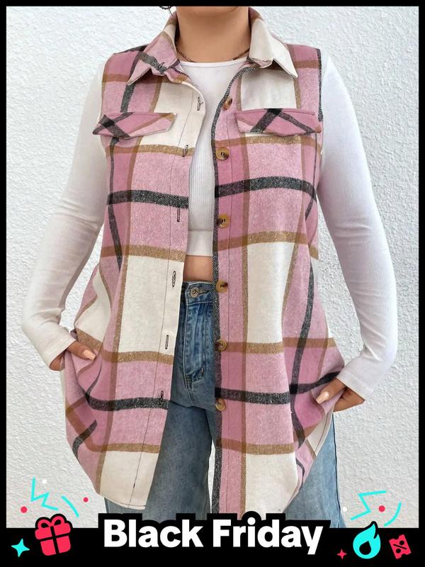  Plaid Print Button Front Vest, Casual Sleeveless Collared Outerwear for Fall & Winter, Women's Clothes for Daily Wear