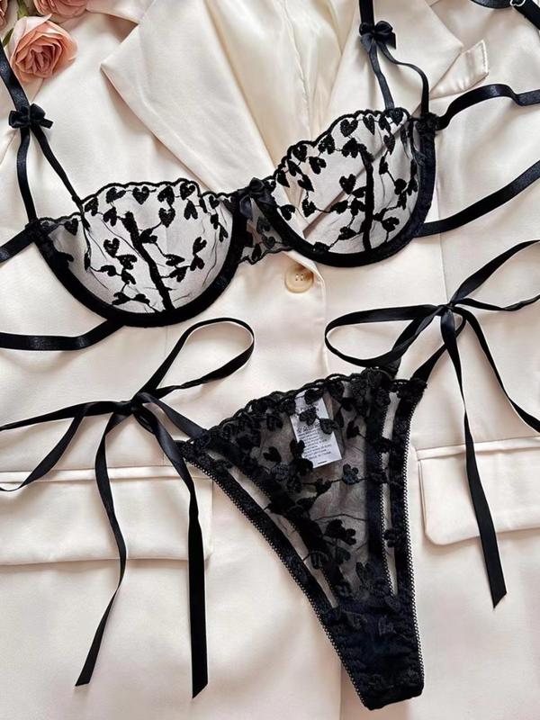Women's Heart Embroidery Sheer Tulle Sexy Lingerie Set, Adjustable Strap Bra & Thong Set, Soft Comfy Breathable Lingerie Set for Women