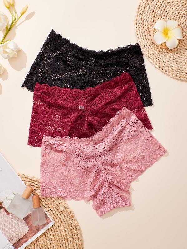 Women's 3pcs Solid Scallop Lace Knickers, Lace Cheeky Panties, High Rise Plain Panty, Multi-pack Lady Comfortable Brief Intimates, Women's Lingerie & Underwear