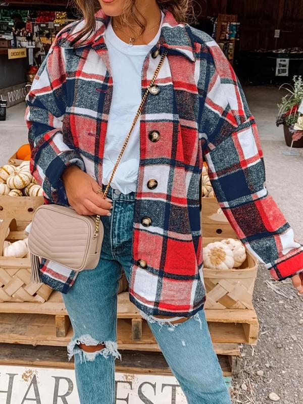 Women's Plaid Print Button Front Drop Shoulder Coat, Casual Long Sleeve Collared Outerwear for Fall & Winter, Ladies Clothes for Daily Wear