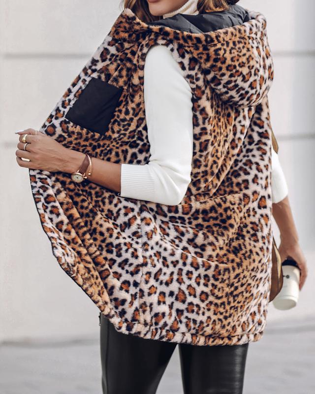 ChicMe Women's Reversible Leopard Pattern Vests Sleeveless Fleece Lined Jacket Zip Up Hoodie Pockets Long Warm Winter Coat Casual Womenswear