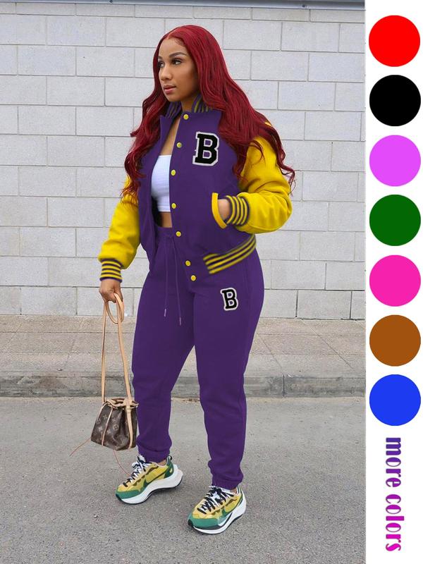 Women's Colorblock Letter Patched Pocket Co-ord Two-piece Set, Back To School Outfits, Casual Button Front Bomber Jacket & Drawstring Waist Jogger Pants Set, Fall Clothes, Ladies Fall & Winter Clothes, Birthday Gifts