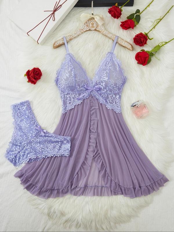 Women's Contrast Lace Bow Decor Sexy Lingerie Set, Romantic Ruffle Trim Split Cami Nightdress & Panty Set, Lingerie for Women, Ladies Nightwear & Sleepwear for All Seasons, Loungewear, Womenswear Homewear