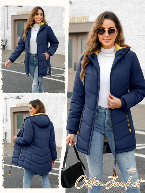 Women's Solid Drawstring Pocket Zip Up Hooded Quilted Jacket, Casual Tops, Long Sleeve Outerwear for Fall & Winter, Ladies Clothes for Daily Wear