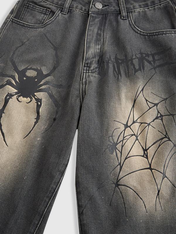 ROMWE Goth Ladies Distressed Spider Letter Print Casual Denim Shorts For Spring And Summer