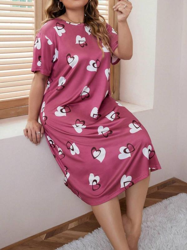  Heart Print Round Neck Nightdress, Casual Soft Comfortable Short Sleeve Nightgown for Women, Women's Sleepwear for All Seasons