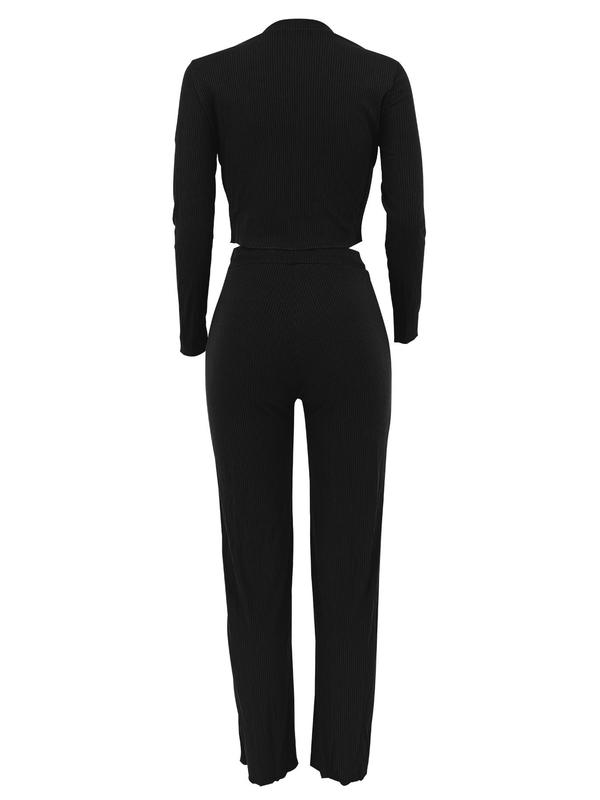 Women's Plain Button Front V Neck Top & Drawstring Waist Pants Set, Two Piece Sets, Fall 2 Piece Set Women Wear, Long Sleeve Top & Elastic Waist Trousers Co-ord Sets Downtown Girl Clothes