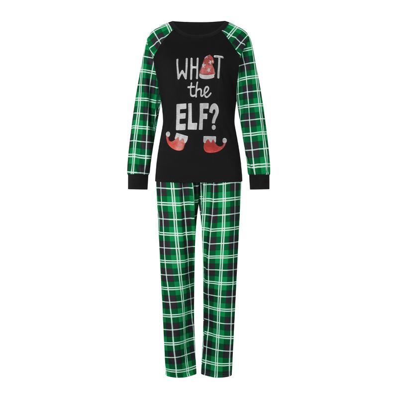 Family Matching Christmas Pajamas Elf Letter Print Long-Sleeved Pullover Tops Plaid Trousers Night Sleepwear