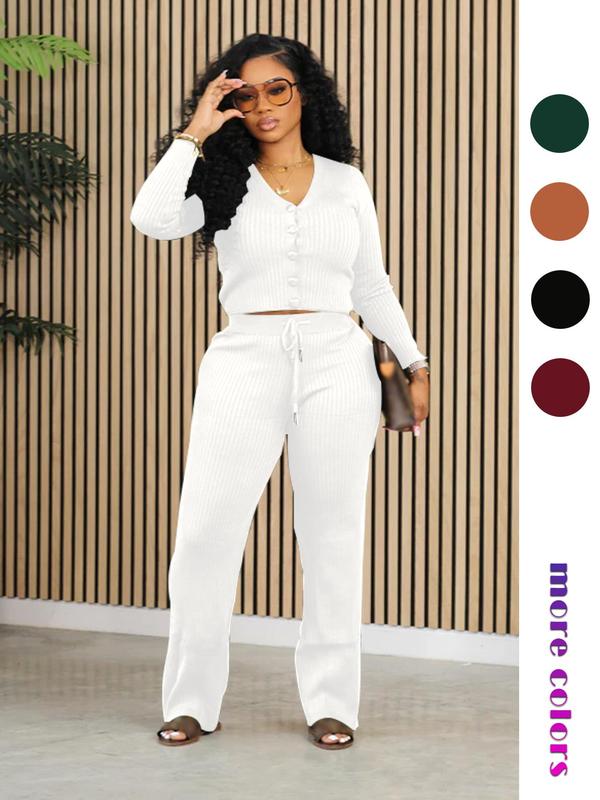 Women's Plain Button Front V Neck Top & Drawstring Waist Pants Set, Two Piece Sets, Fall 2 Piece Set Women Wear, Long Sleeve Top & Elastic Waist Trousers Co-ord Sets Downtown Girl Clothes