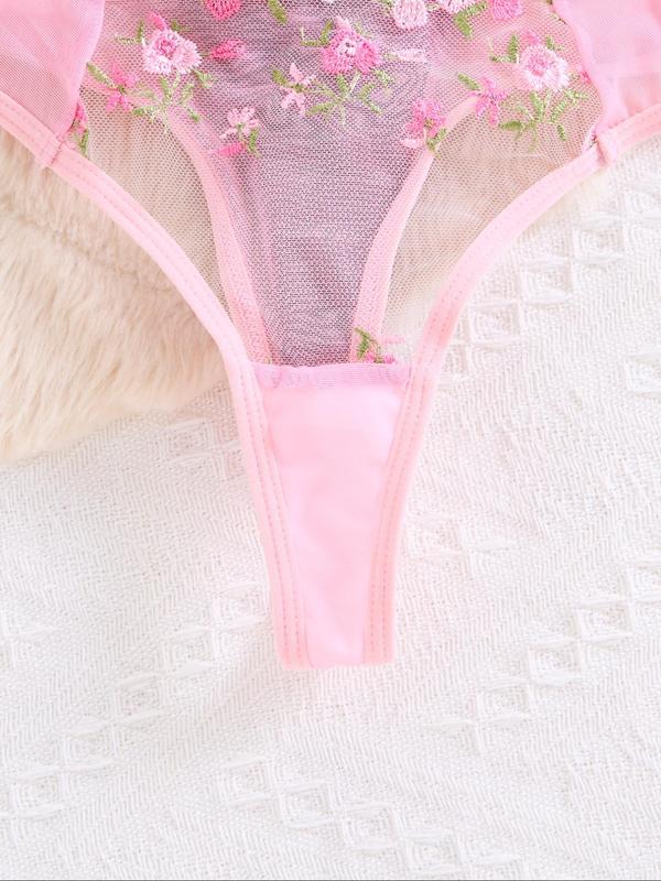 Women's Floral Embroidery Sheer Mesh Underwear Set, Sexy Adjustable Strap Push Up Bra & Thong Set, Breathable Lingerie Set for Women