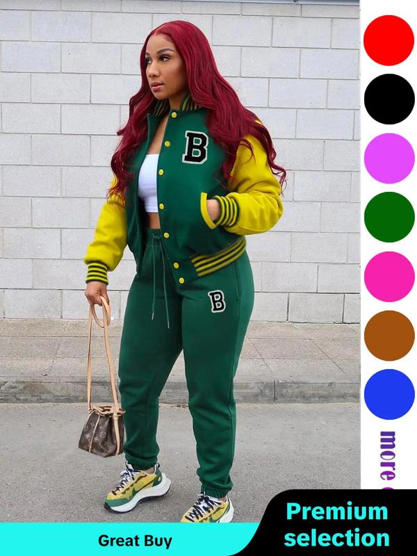 Women's Colorblock Letter Patched Pocket Co-ord Two-piece Set, Back To School Outfits, Casual Button Front Bomber Jacket & Drawstring Waist Jogger Pants Set, Fall Clothes, Ladies Fall & Winter Clothes, Birthday Gifts