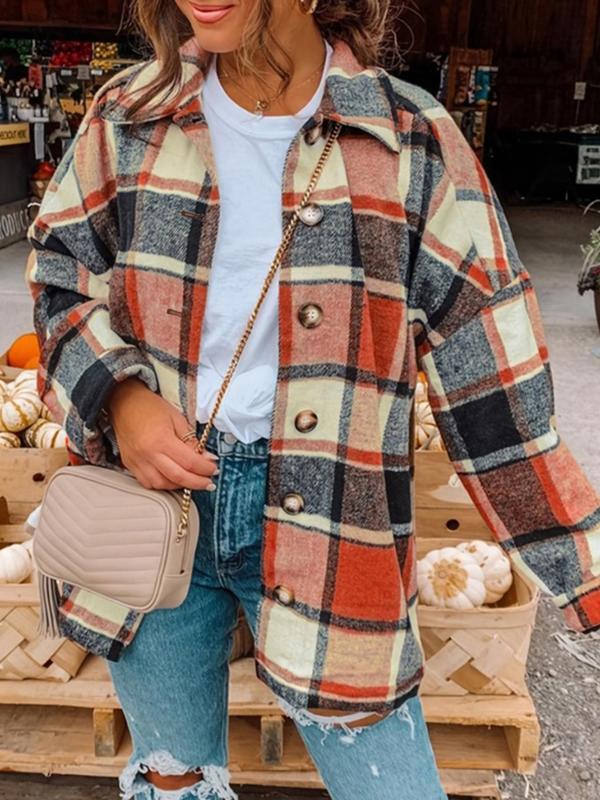 Women's Plaid Print Button Front Drop Shoulder Coat, Casual Long Sleeve Collared Outerwear for Fall & Winter, Ladies Clothes for Daily Wear