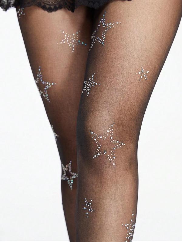Women's 1 Pair Star Rhinestone Decor Tights, Comfy Soft Sheer Tights for Daily Party Wear, Women's Pantyhose for Spring & Summer & Fall