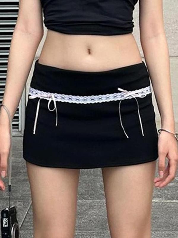 Women's Contrast Lace Bow Decor Skirt, Solid Color Mini Skirt for Party Club Dating, Ladies Summer Clothes