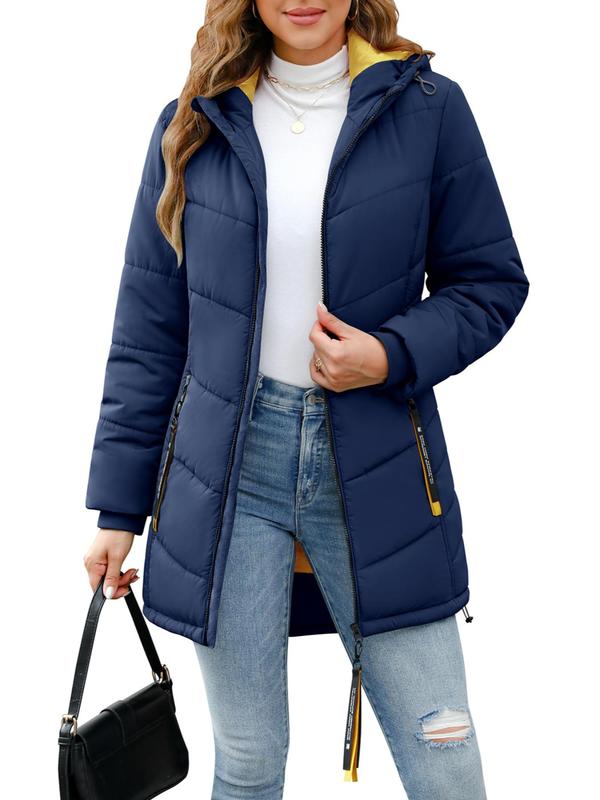 Women's Solid Drawstring Pocket Zip Up Hooded Quilted Jacket, Casual Tops, Long Sleeve Outerwear for Fall & Winter, Ladies Clothes for Daily Wear