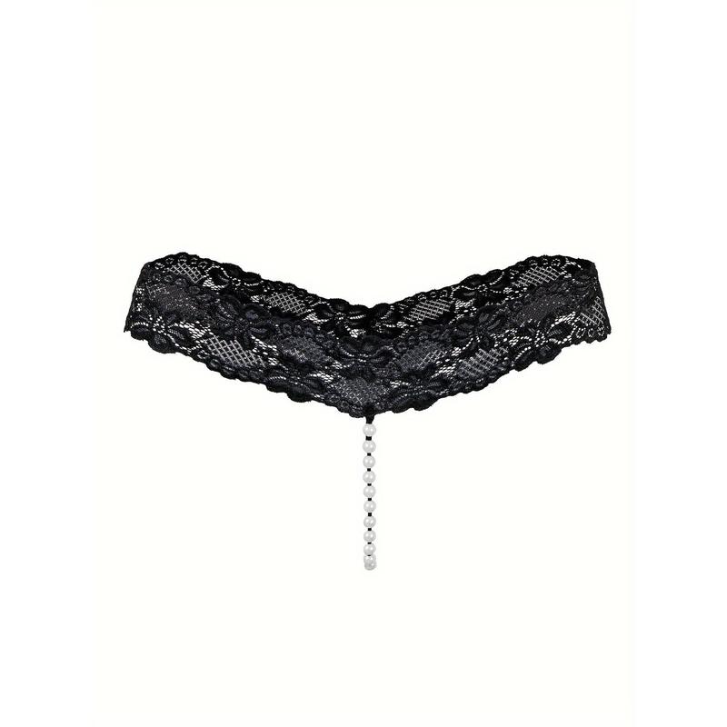 4 Pcs Seductive Lace Thongs, Low Waist Open Crotch Sheer G-String With Pendant Pearl, Women's Sexy Lingerie & Underwear