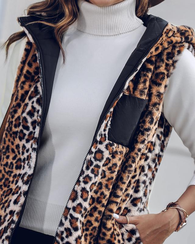 ChicMe Women's Reversible Leopard Pattern Vests Sleeveless Fleece Lined Jacket Zip Up Hoodie Pockets Long Warm Winter Coat Casual Womenswear