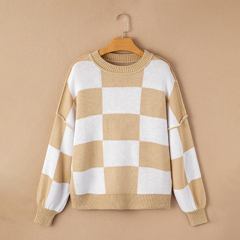 Women Checkered Bishop Sleeve Color Blocked Knitting Sweater, Casual Comfort Fit Casual Wear Round Neck checker Pullover sweater