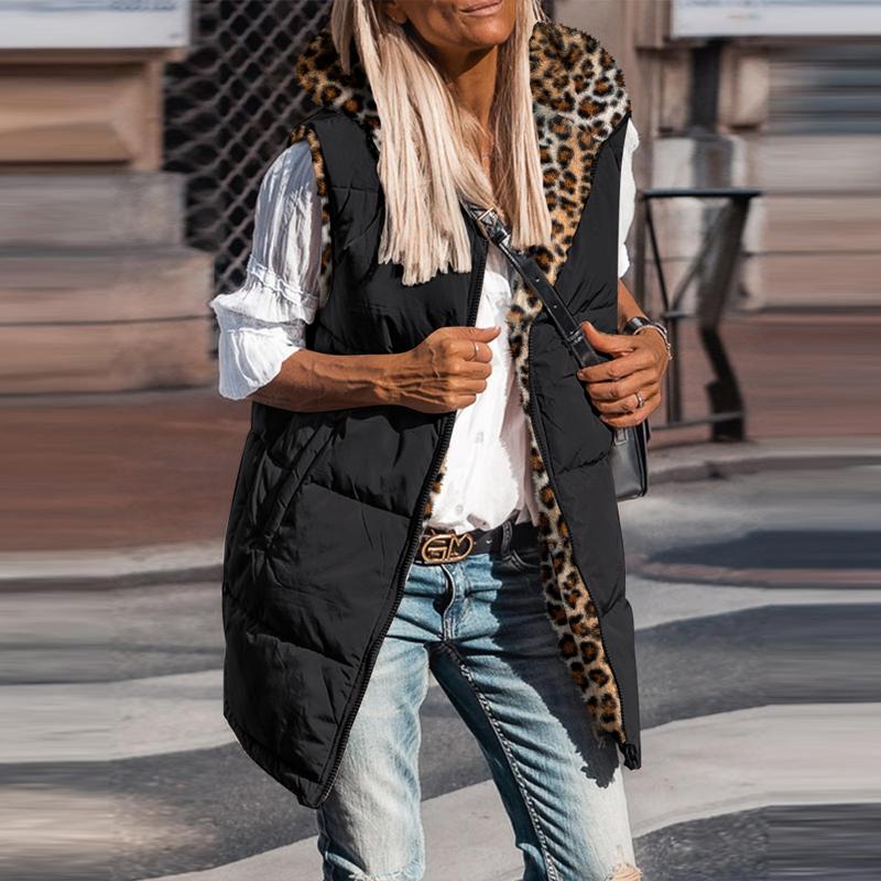 ChicMe Women's Reversible Leopard Pattern Vests Sleeveless Fleece Lined Jacket Zip Up Hoodie Pockets Long Warm Winter Coat Casual Womenswear