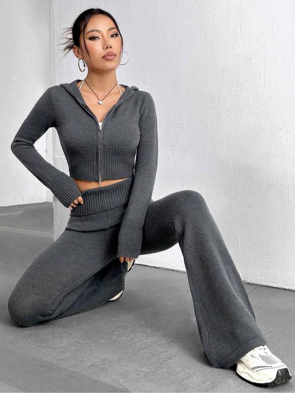 Women's Solid Zip Up Crop Hoodie & Flare Leg Pants Two-piece Set, Casual Long Sleeve Hooded Top & Bell Bottom Trousers for Fall & Winter, Women's Clothes for Daily Wear