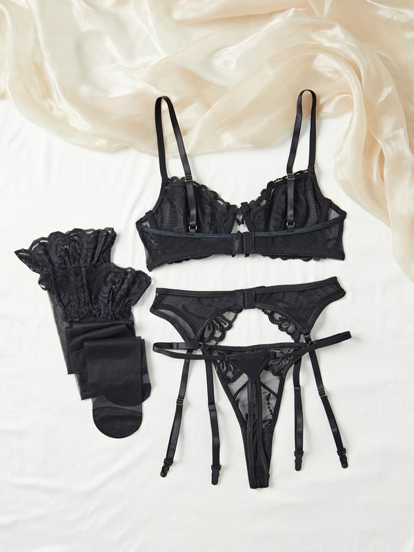 Women's Contrast Lace Sexy Lingerie Set, 2024 New Style Bra & Garter Belt & Thong & Stockings & Gloves Set, Lingerie Set for Women Dainty Gift for Your Love