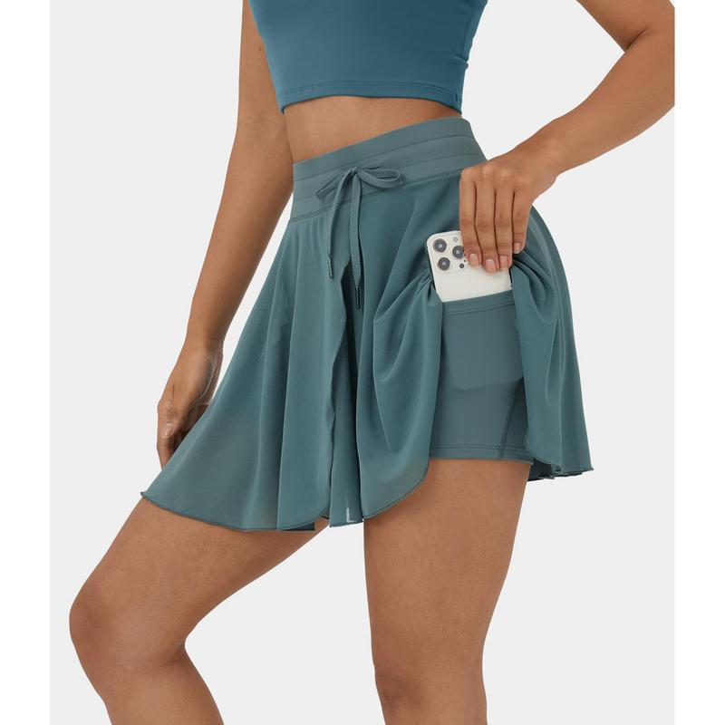 Halara High Waisted Drawstring Contrast Mesh 2-in-1 Side Pocket Flowy Mini Flare Casual Skirt
