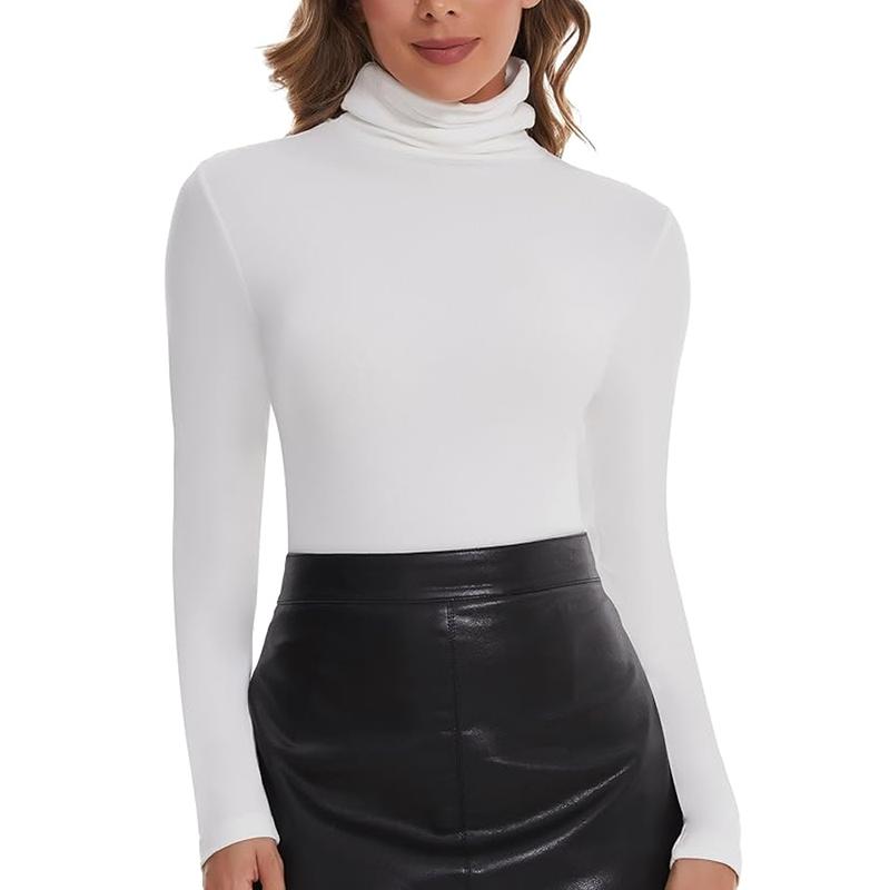 Women's Plain Mock Neck Turtleneck Long Sleeve Tee Shirt Tops, Base Layer Stretch Soft Thermal Underwear Tops, Casual Comfy Warm Fall Winter Clothes