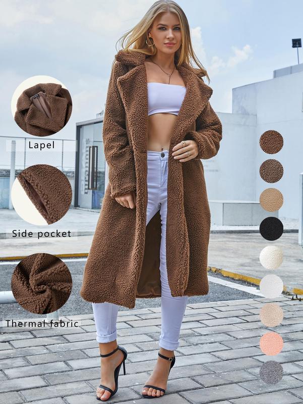 Women's Plain Pocket Button Front Faux Fur Coat, Casual Long Sleeve Lapel Outerwear For Fall & Winter, Women's Clothing For Daily Wear Tops