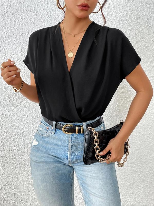 Women's Plain Wrap Batwing Sleeve Bodysuit, Elegant Deep V Neck Short Sleeve Bodysuit, Women's Summer Clothes for Daily Wear