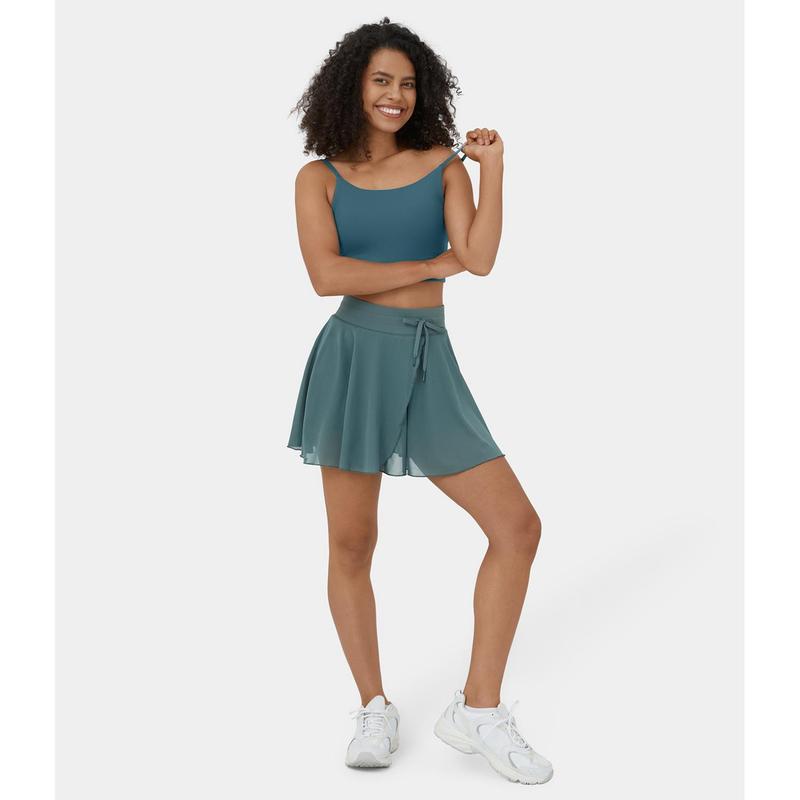 Halara High Waisted Drawstring Contrast Mesh 2-in-1 Side Pocket Flowy Mini Flare Casual Skirt
