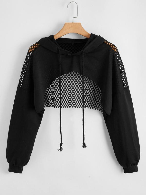   Hollow Out Drawstring Raglan Sleeve Super Crop Hoodie, High Low Long Sleeve Hooded Sweatshirt for Spring & Fall, Clothes Women, Women's Plus Clothing for Daily, Downtown Girl Clothes