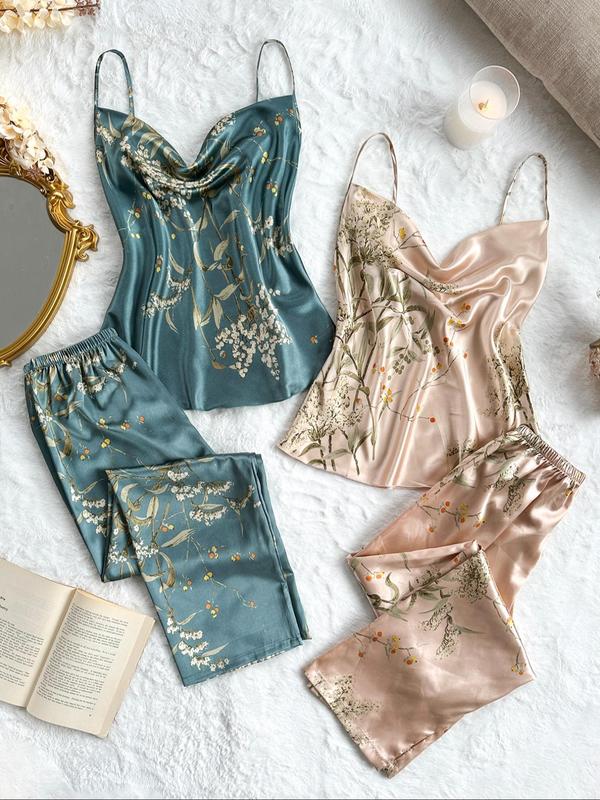 4 Pieces Women's Floral Print Pyjama Set, Casual Comfy Sleeveless Draped Camisole & Elastic Waist Shorts Lounge Sets, Pajama Sets Women, PJ Sets for Women, Ladies Sleepwear for All Seasons, Pj Sets for Women