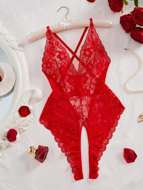 Women's Heart Rhinestone Decor Criss Cross Backless Sexy Lace Bodysuit, Adjustable Strap Scallop Trim Bodysuit for Indoor Wear, Women's Lingerie for All Seasons