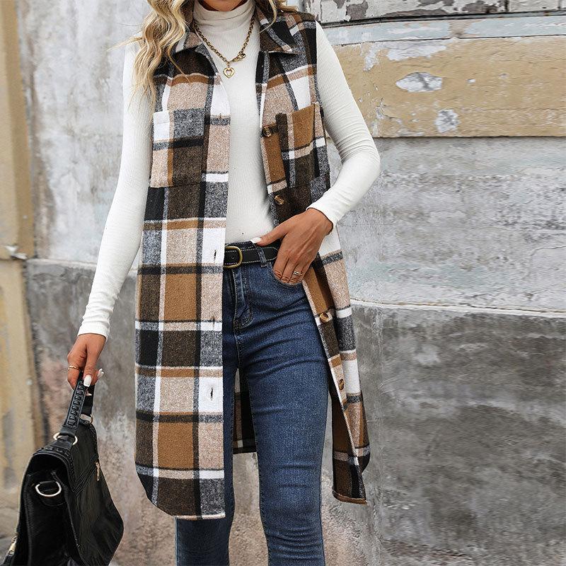 New Autumn Women's Clothing Lapel Long Plaid Coat Vest